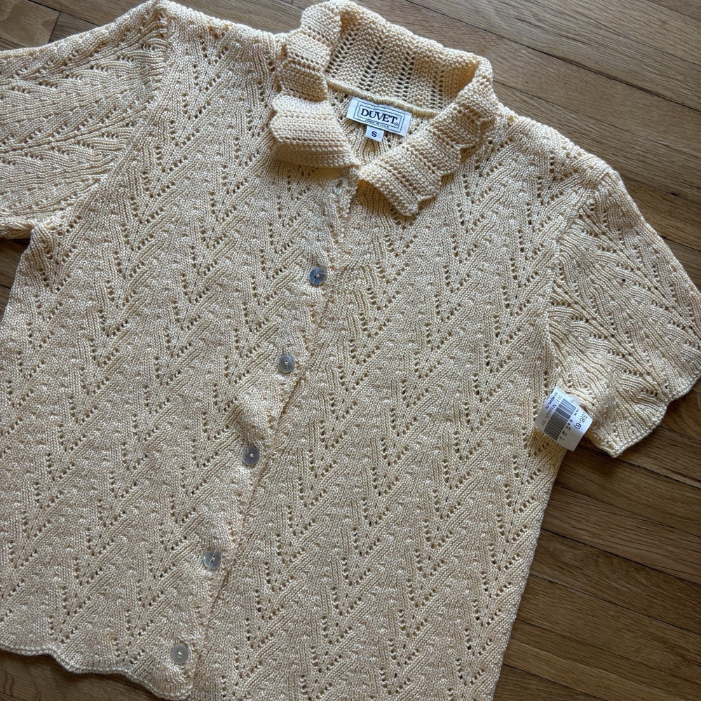 VTG Crochet Knit Button Up Small Butter Yellow Soft Girl Retro NWT Prep Resort